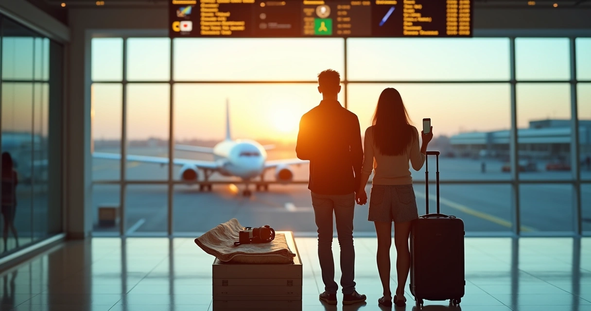 Casal observa mapa e passagens em aeroporto moderno antes de viagem internacional em feriado prolongado