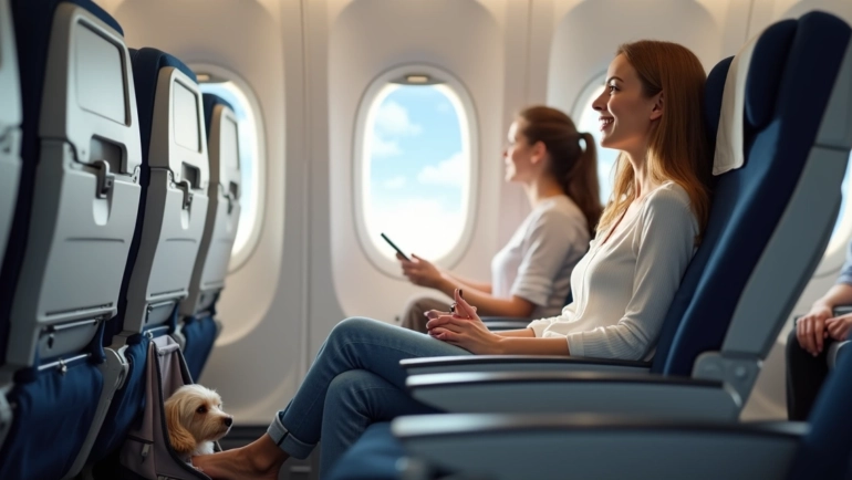 Mulher viajando de avião com cachorro pequeno na caixa de transporte ao lado do assento