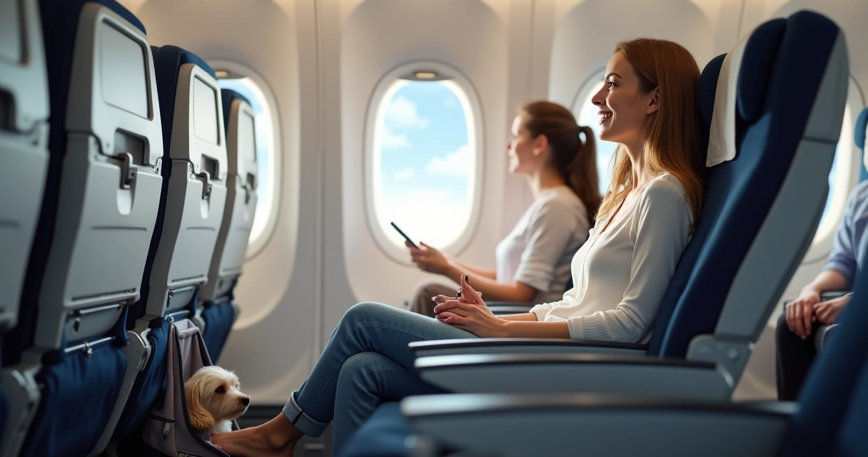 Mulher viajando de avião com cachorro pequeno na caixa de transporte ao lado do assento