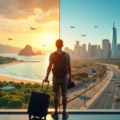 Montagem comparando destinos de viagem na América do Sul e nos Estados Unidos