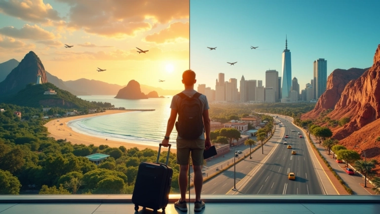 Montagem comparando destinos de viagem na América do Sul e nos Estados Unidos