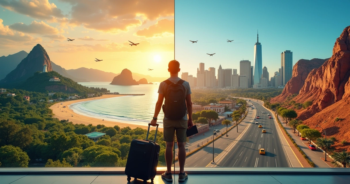 Montagem comparando destinos de viagem na América do Sul e nos Estados Unidos
