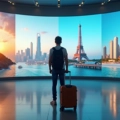 Viajante observando vários destinos famosos pelo mundo em um grande painel digital