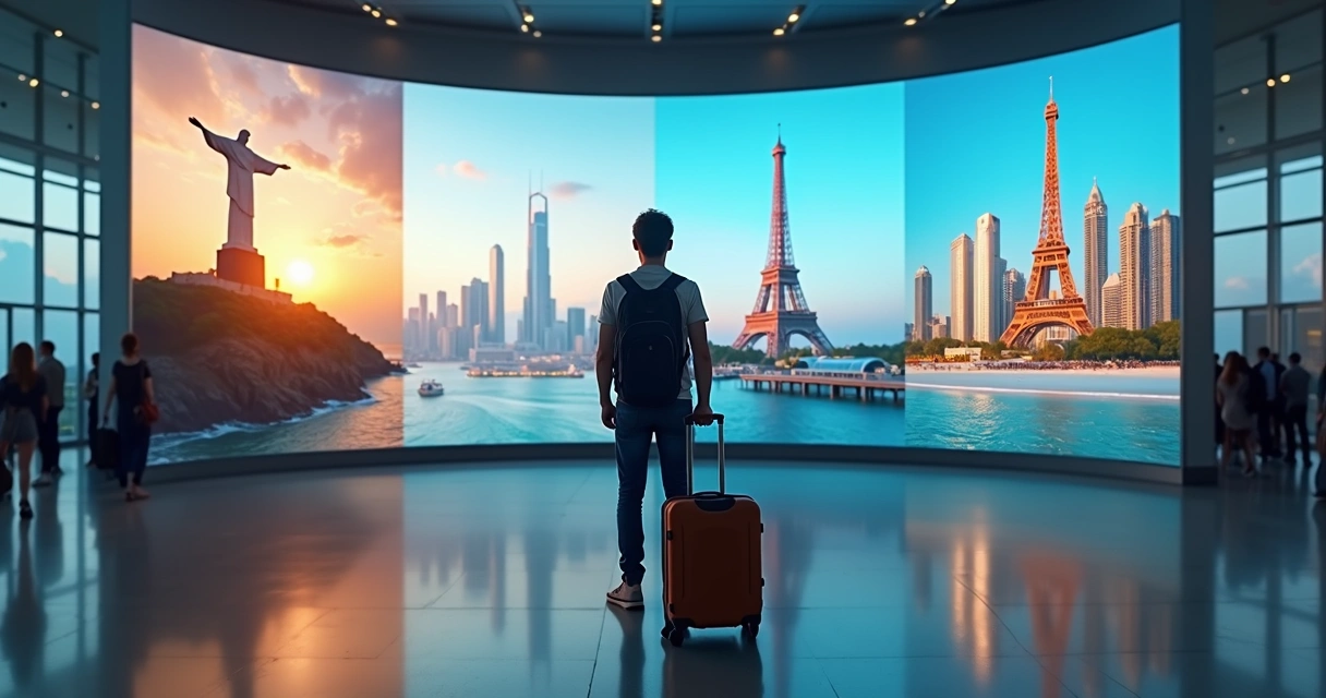 Viajante observando vários destinos famosos pelo mundo em um grande painel digital