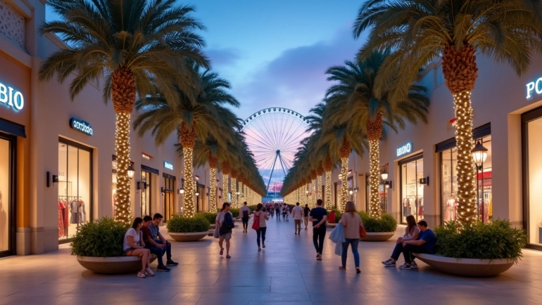 Vista noturna de outlet em Orlando com turistas fazendo compras
