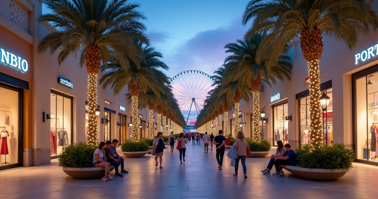 Vista noturna de outlet em Orlando com turistas fazendo compras