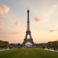 Vista ampla da Torre Eiffel ao pôr do sol com turistas caminhando ao redor
