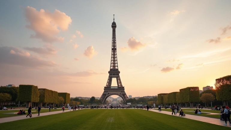 Vista ampla da Torre Eiffel ao pôr do sol com turistas caminhando ao redor