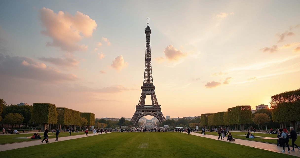 Vista ampla da Torre Eiffel ao pôr do sol com turistas caminhando ao redor