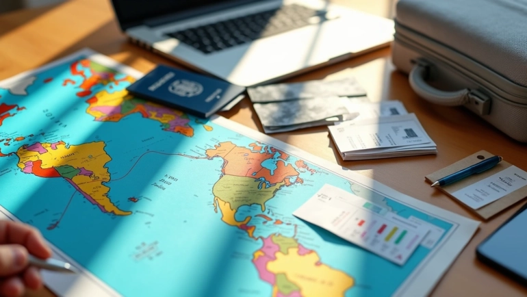 Mesa com passaporte, mapa, laptop e mala representando planejamento de viagem internacional