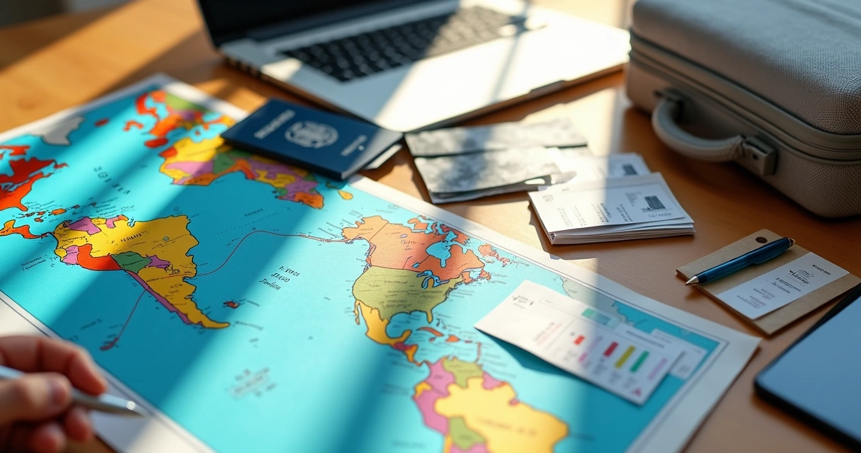 Mesa com passaporte, mapa, laptop e mala representando planejamento de viagem internacional
