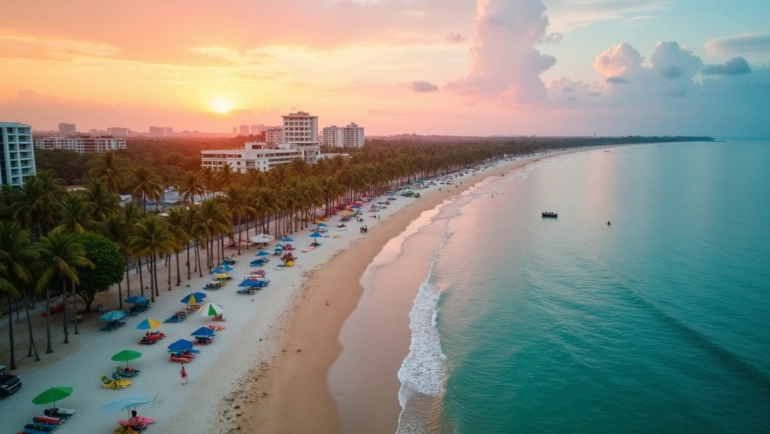 Praia de João Pessoa com mar azul e pôr do sol visto de cima