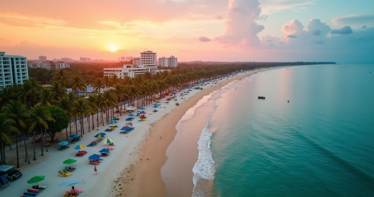 Praia de João Pessoa com mar azul e pôr do sol visto de cima