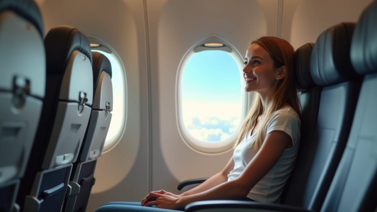 Passageira olhando pela janela do avião com expressão tranquila