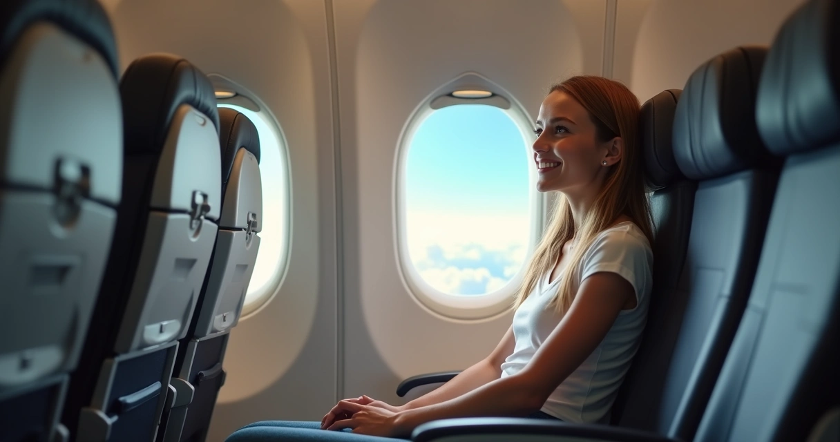 Passageira olhando pela janela do avião com expressão tranquila