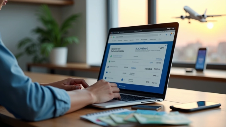 Pessoa analisando milhas aéreas no notebook com passagens e dinheiro na mesa