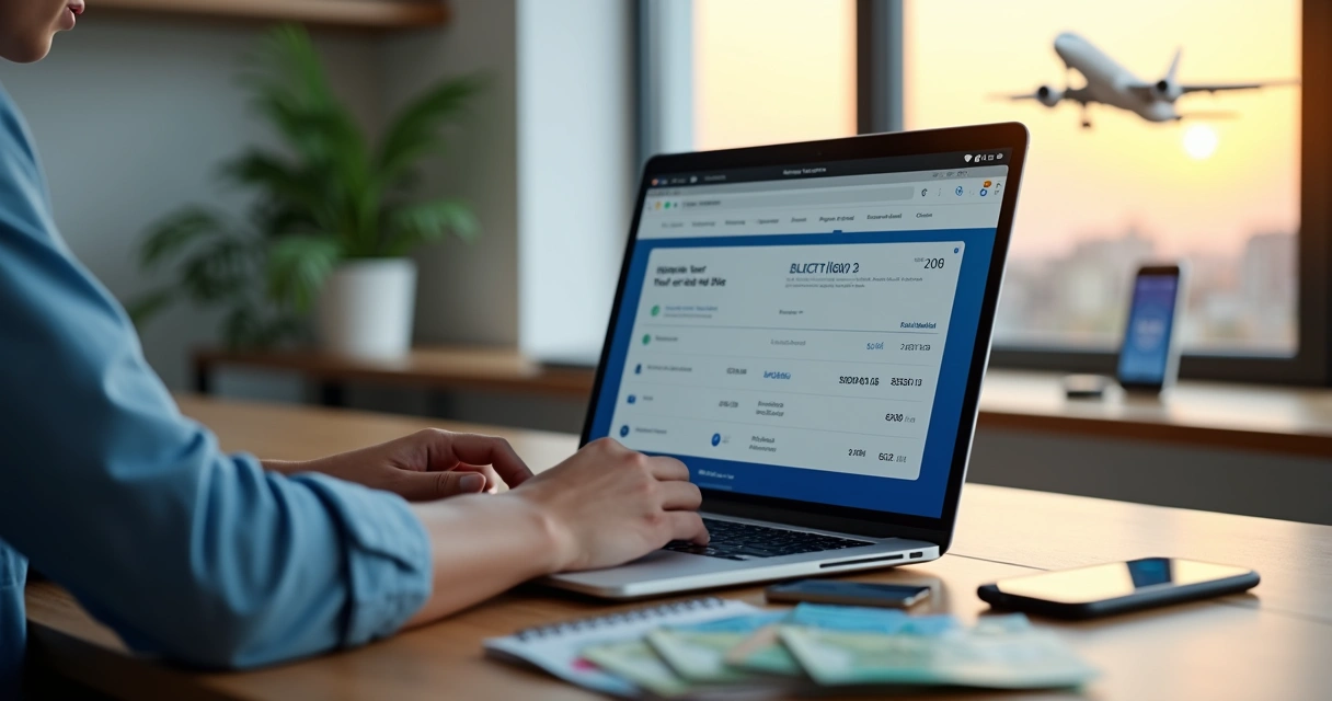 Pessoa analisando milhas aéreas no notebook com passagens e dinheiro na mesa