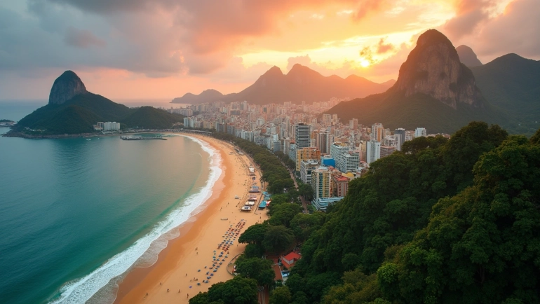 Vista aérea do Rio de Janeiro com praia, mar e morros ao pôr do sol