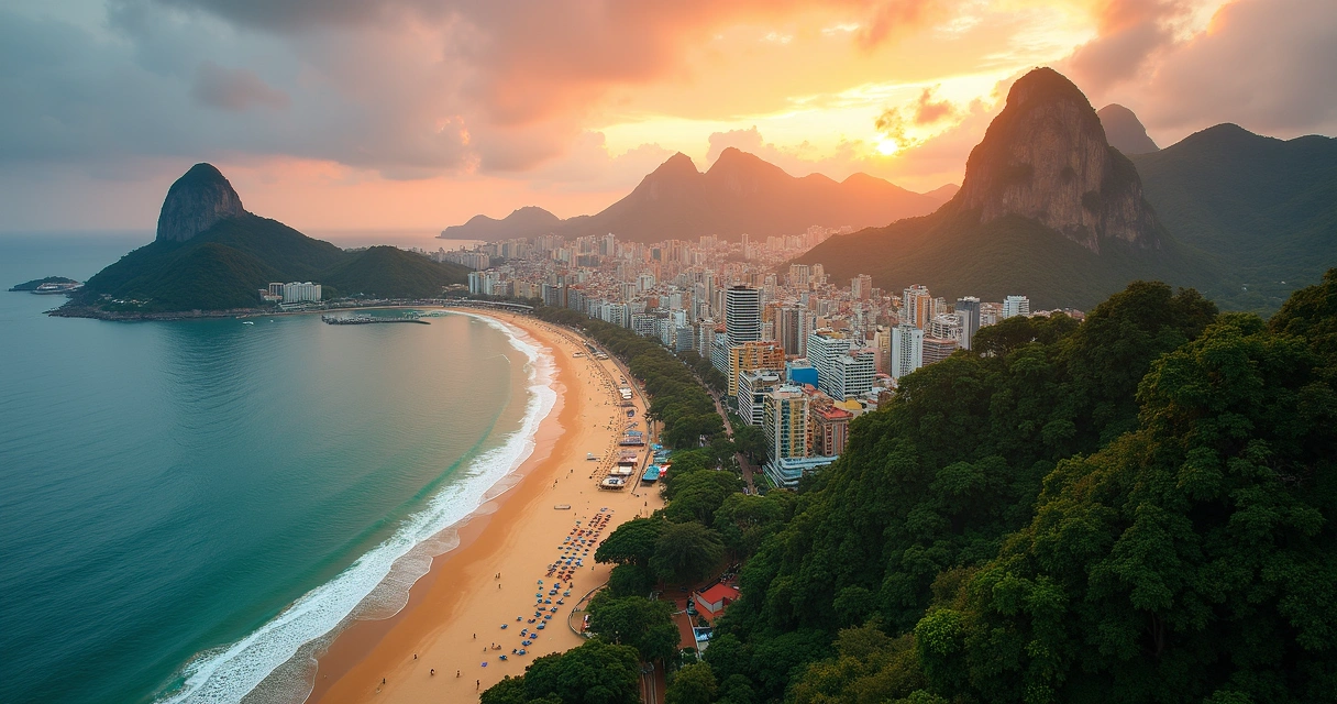 Vista aérea do Rio de Janeiro com praia, mar e morros ao pôr do sol