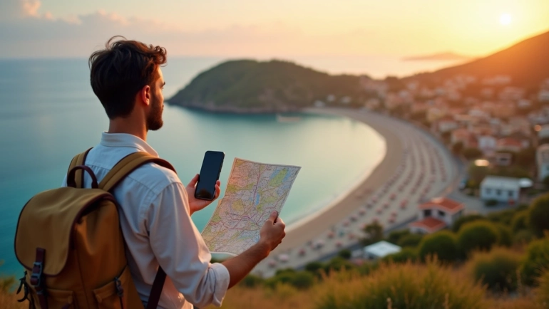 Viajante olhando mapa em mirante com paisagem de destino pouco conhecido