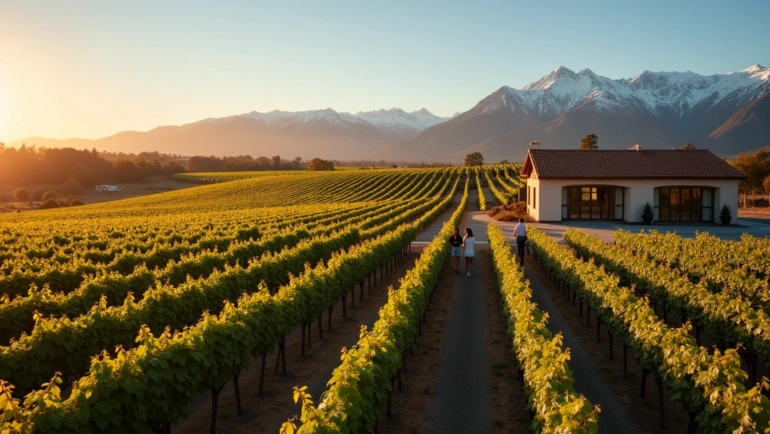 Vinhedos em Mendoza com montanhas dos Andes ao fundo ao pôr do sol
