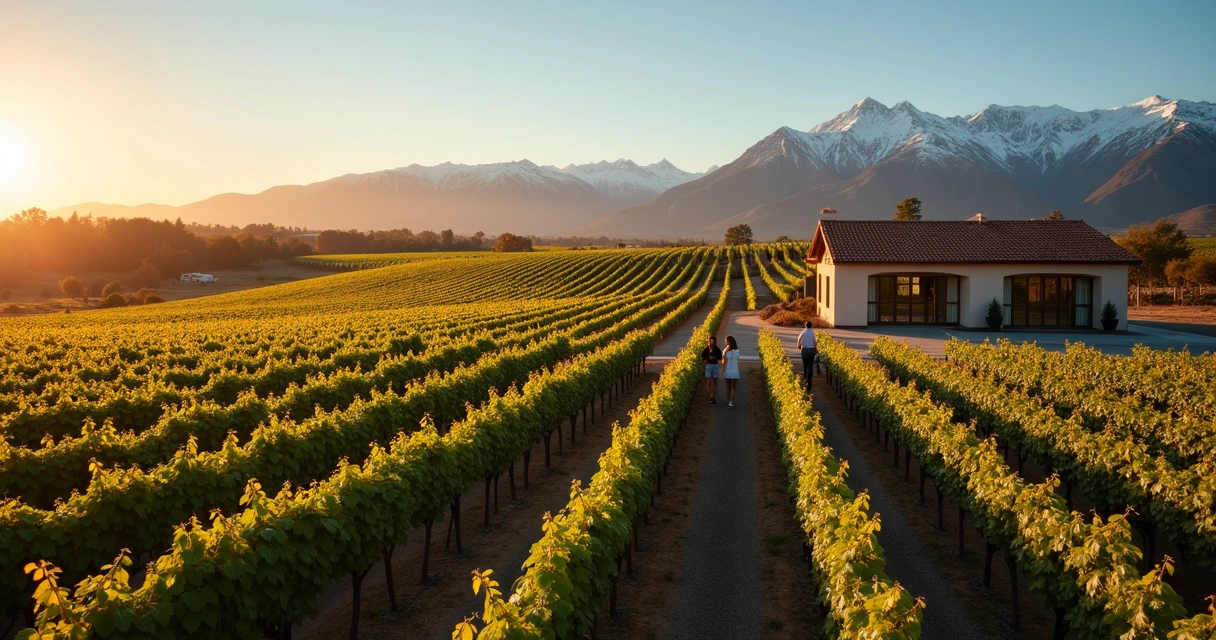 Vinhedos em Mendoza com montanhas dos Andes ao fundo ao pôr do sol